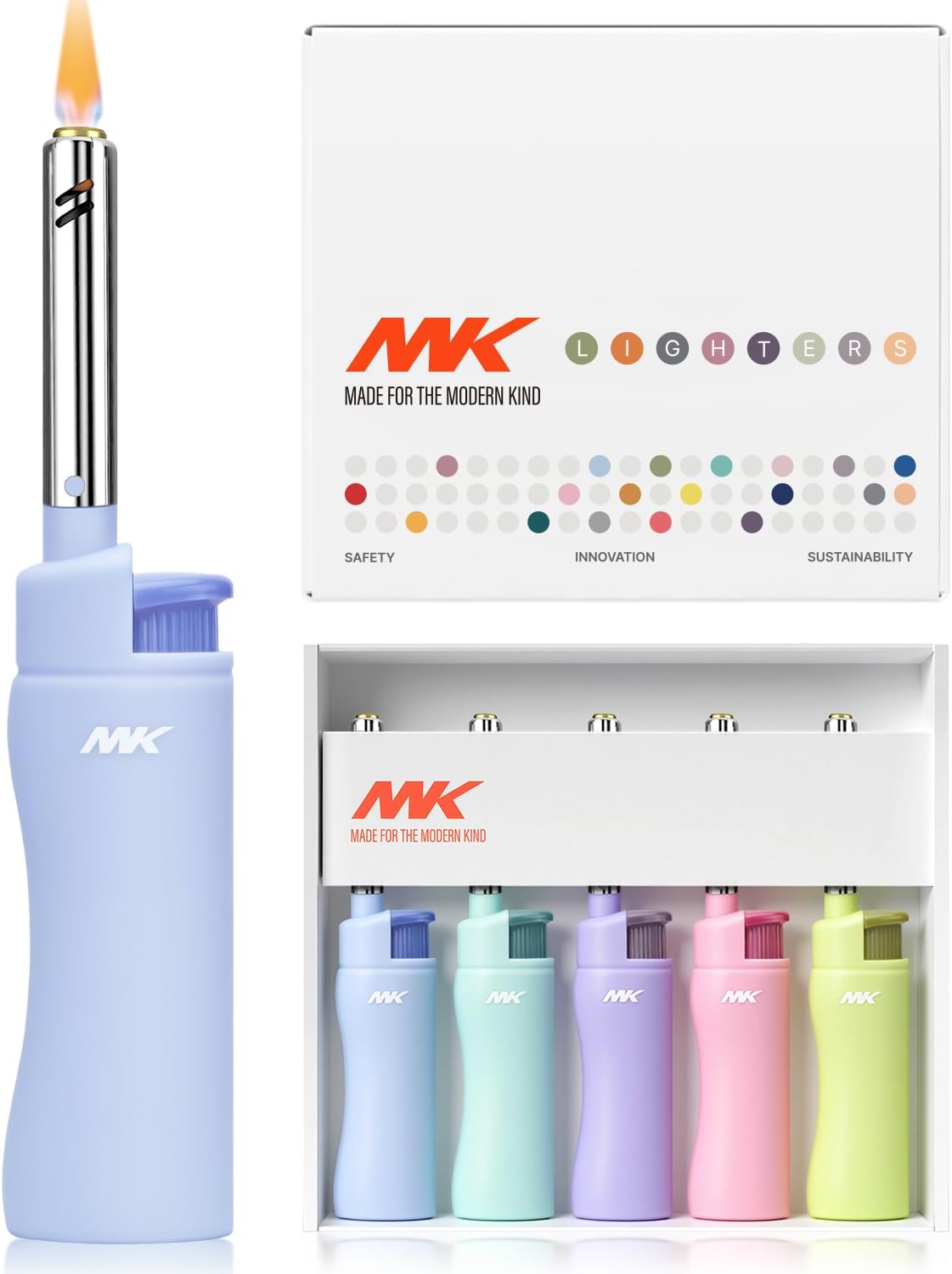 MK Lighter — Refillable butane, windproof flame, 4-pack; suitable for BBQ and camping.