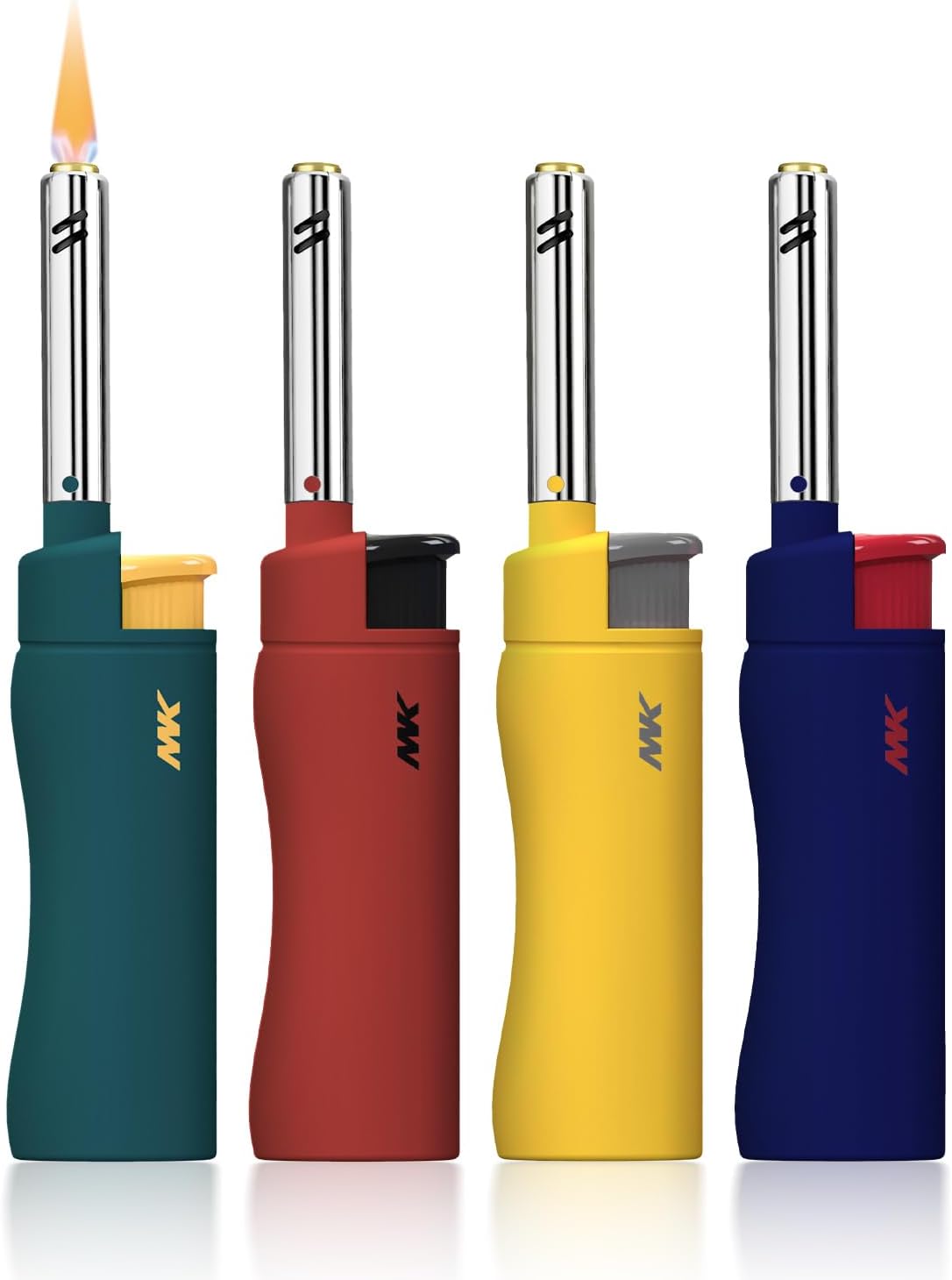 MK Lighter — Refillable butane, windproof flame, 4-pack; suitable for BBQ and camping.