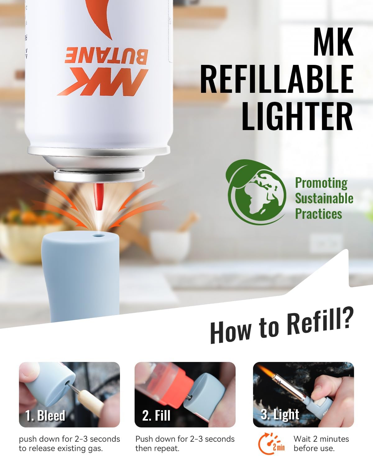 MK Lighter — Refillable butane, windproof flame, 4-pack; suitable for BBQ and camping.
