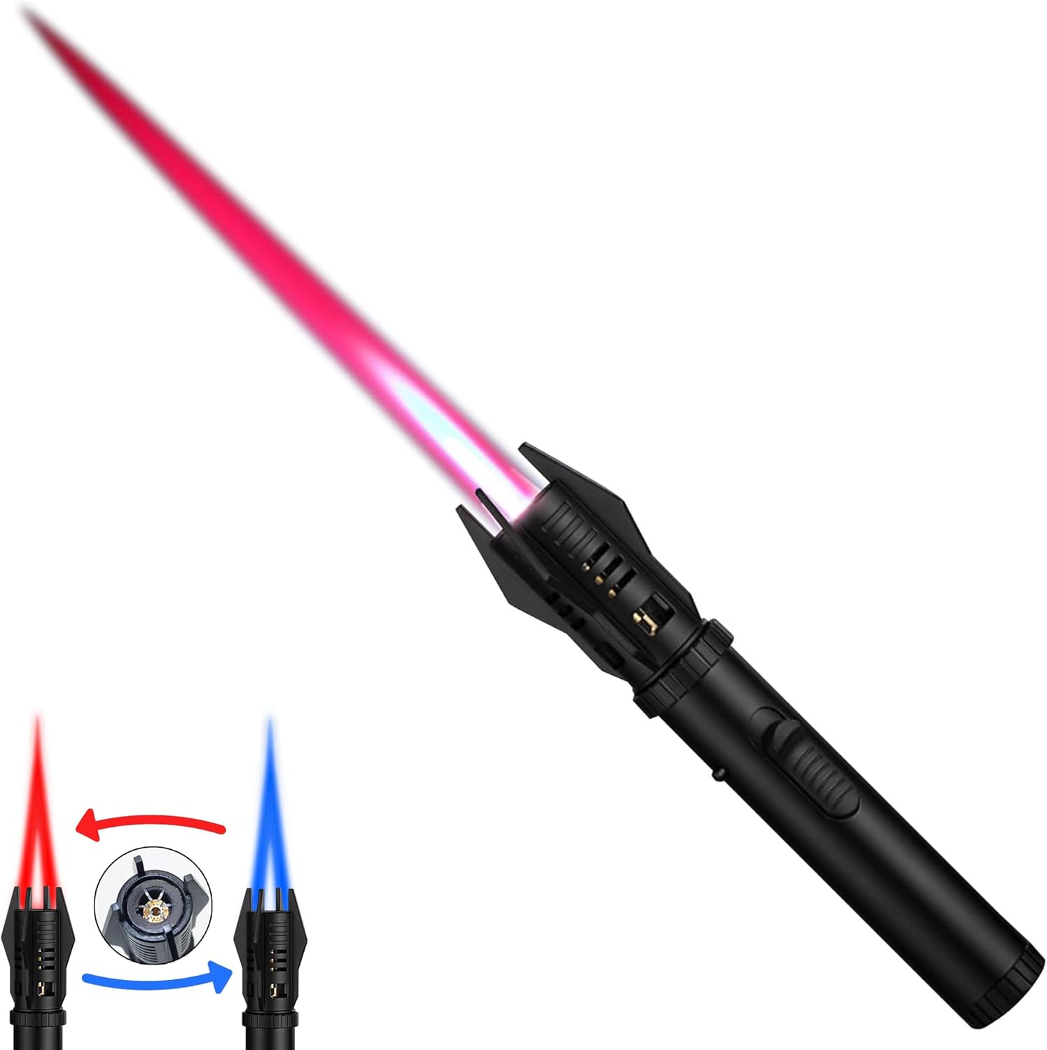 Jet-flame lighter—powerful flame, featuring a safety lock and adjustable red/blue flame.