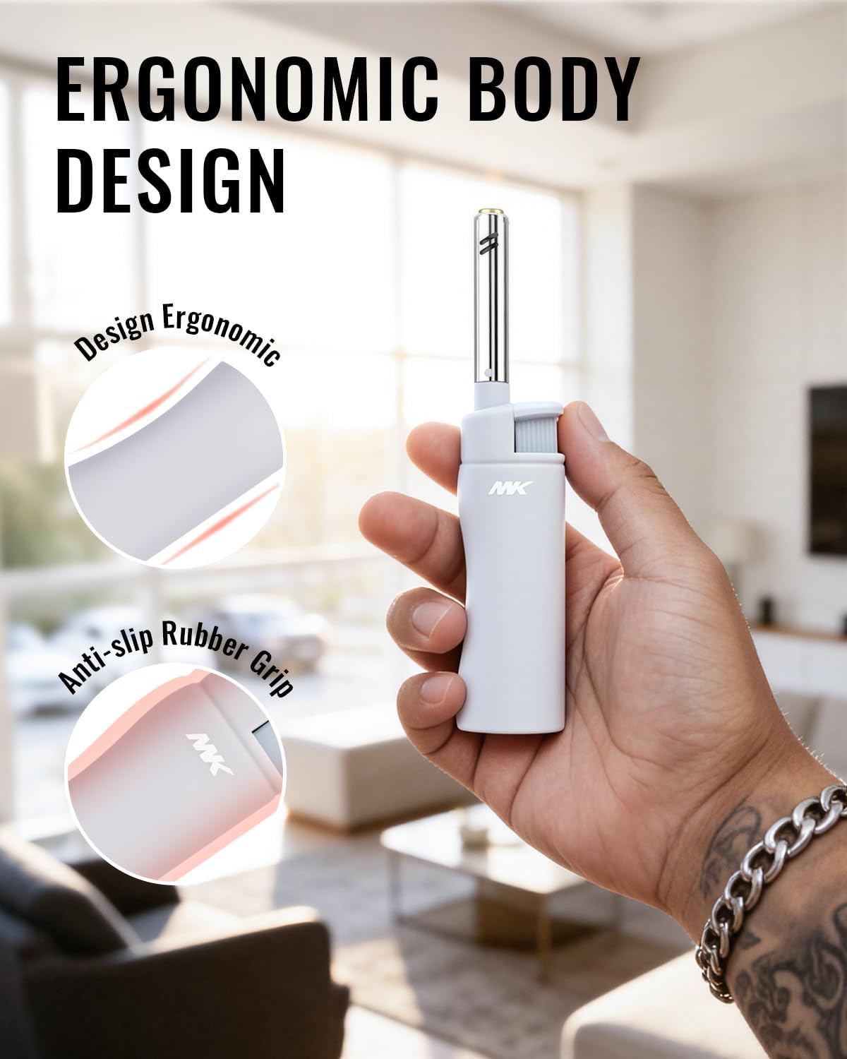 MK Lighter — Refillable butane, windproof flame, 4-pack; suitable for BBQ and camping.