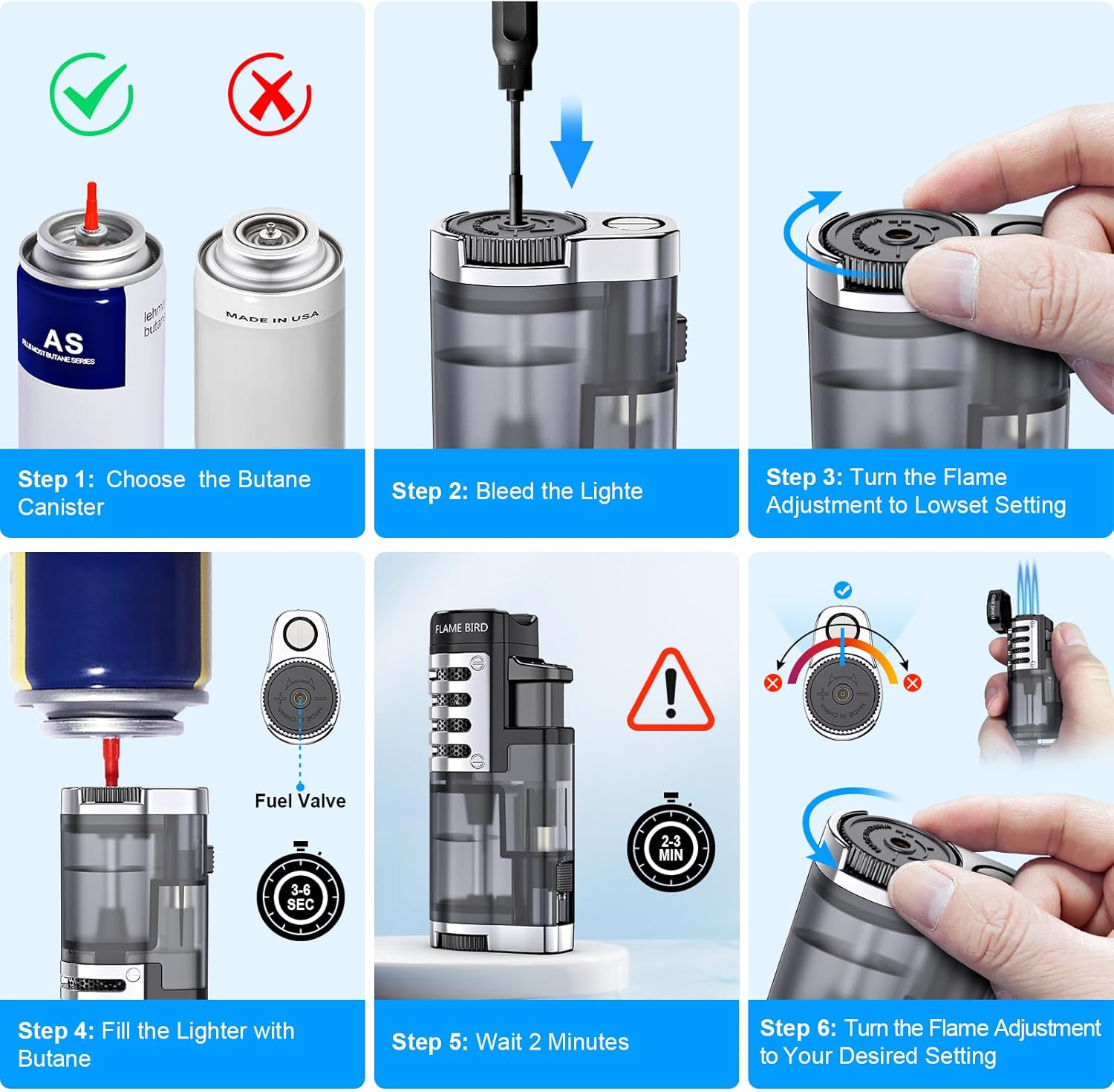 Refillable butane jet-flame lighter (triple-jet flame); windproof, adjustable flame; includes cigar punch.
