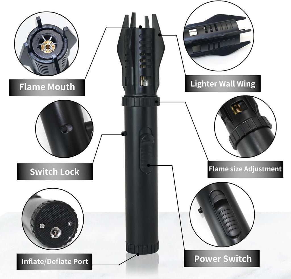 Jet-flame lighter—powerful flame, featuring a safety lock and adjustable red/blue flame.