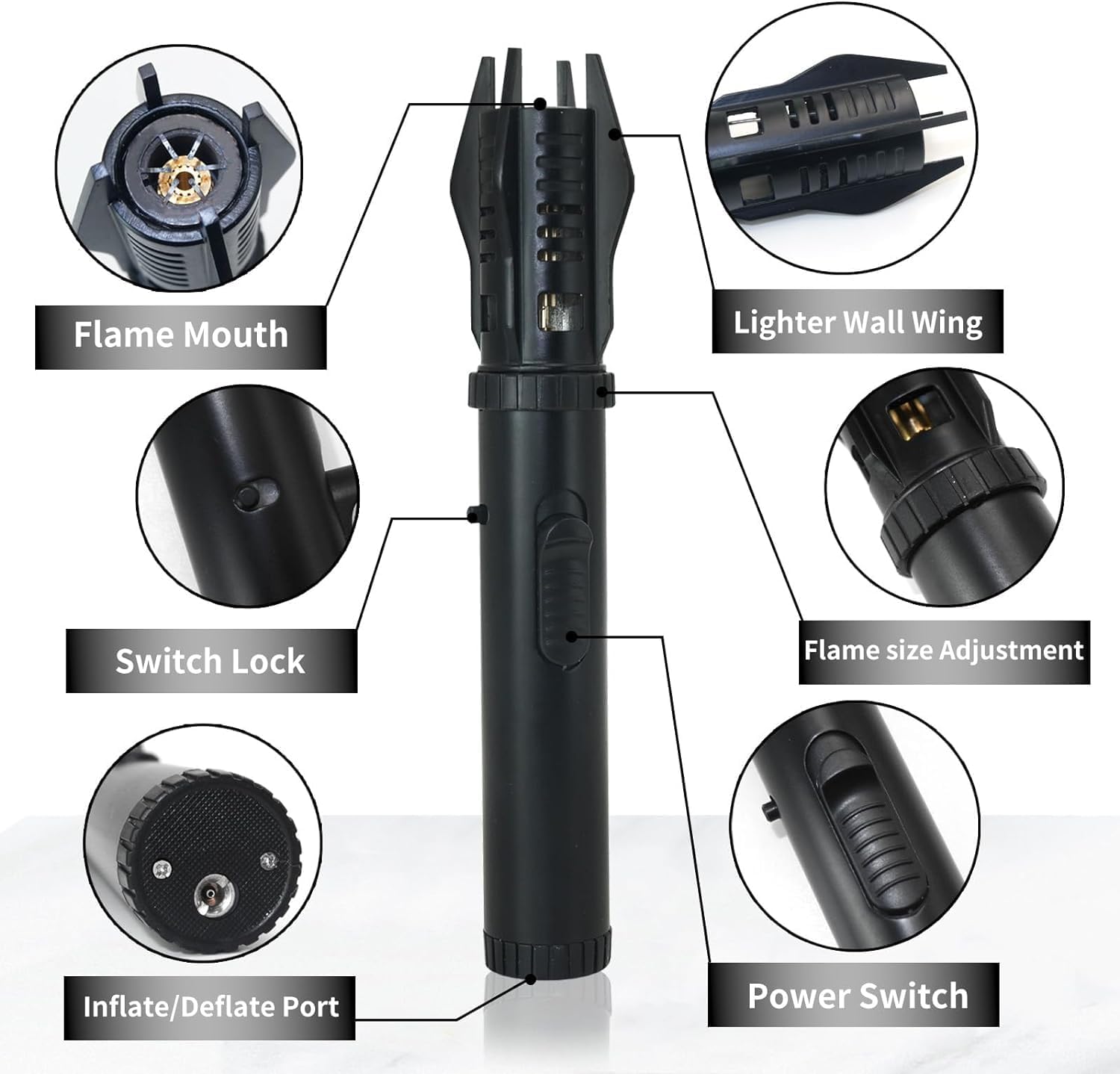 Jet-flame lighter—powerful flame, featuring a safety lock and adjustable red/blue flame.