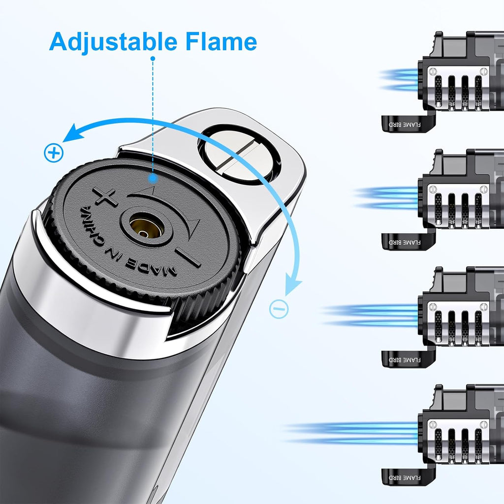 Refillable butane jet-flame lighter (triple-jet flame); windproof, adjustable flame; includes cigar punch.