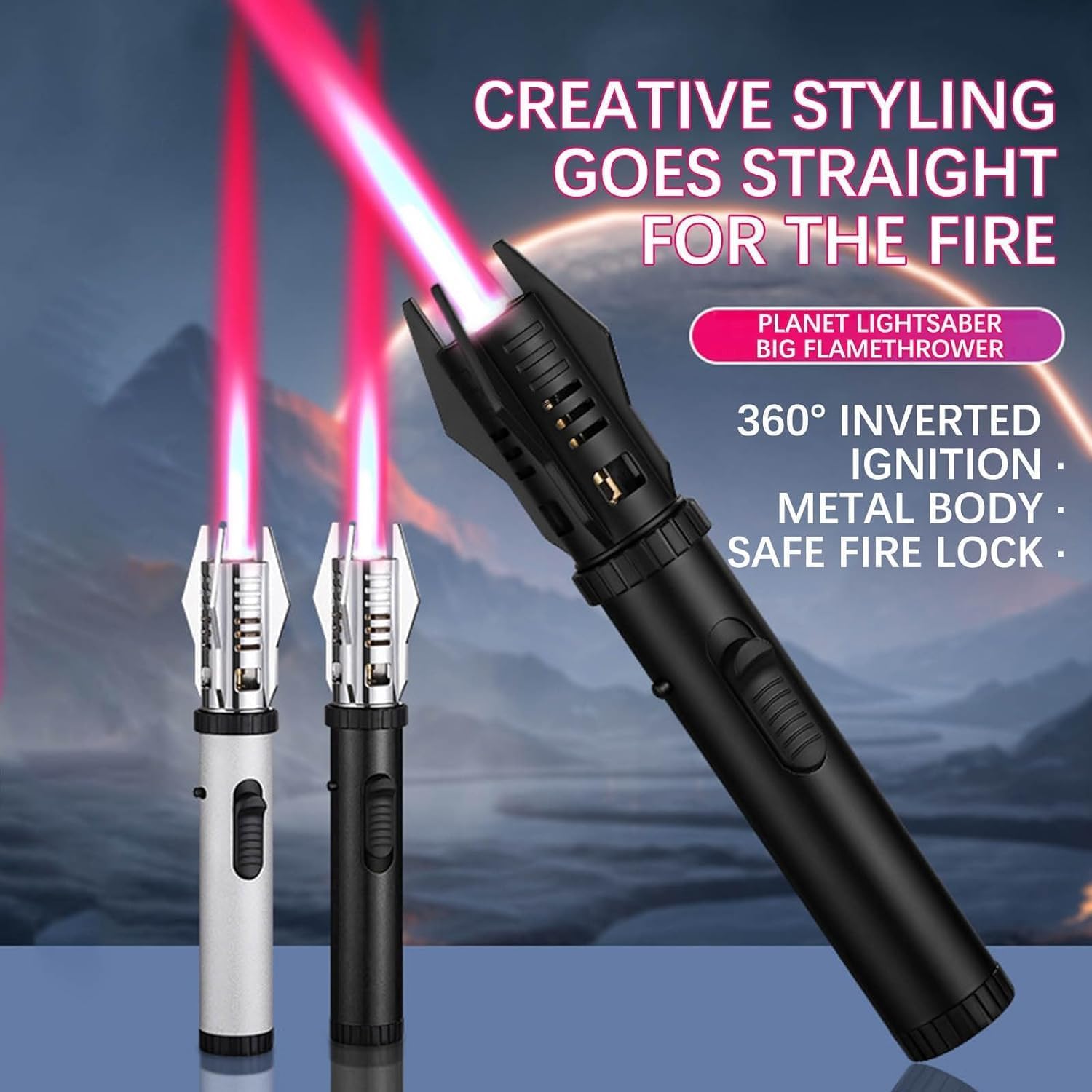 Jet-flame lighter—powerful flame, featuring a safety lock and adjustable red/blue flame.