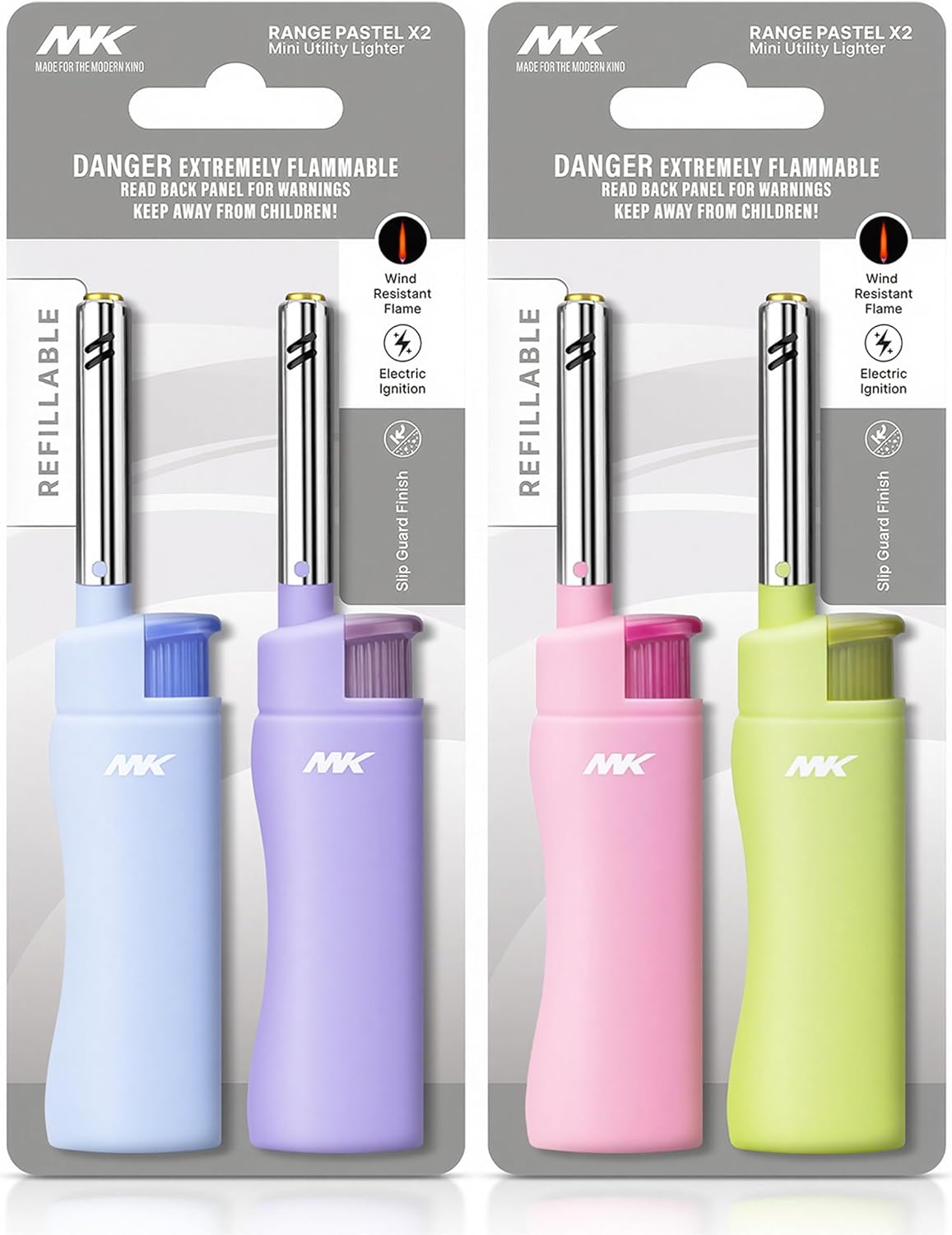 MK Lighter — Refillable butane, windproof flame, 4-pack; suitable for BBQ and camping.