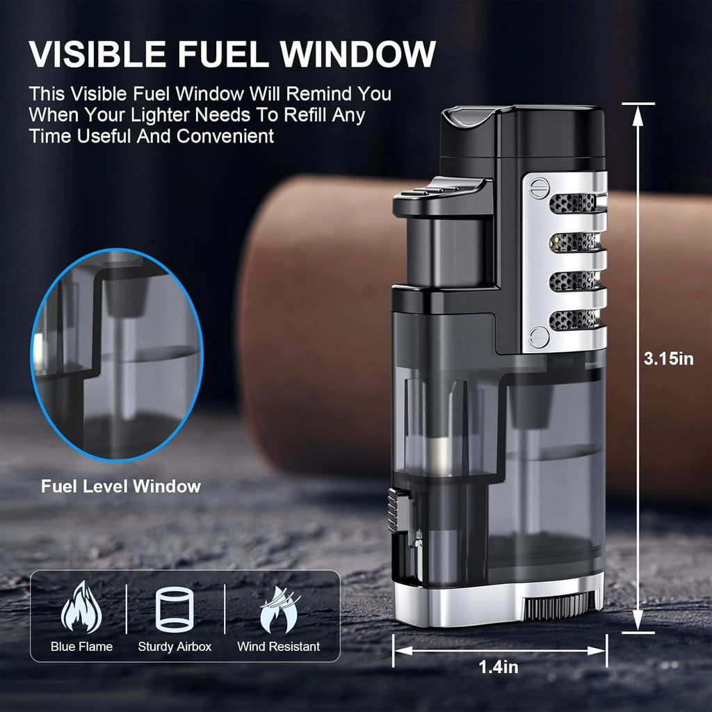 Refillable butane jet-flame lighter (triple-jet flame); windproof, adjustable flame; includes cigar punch.