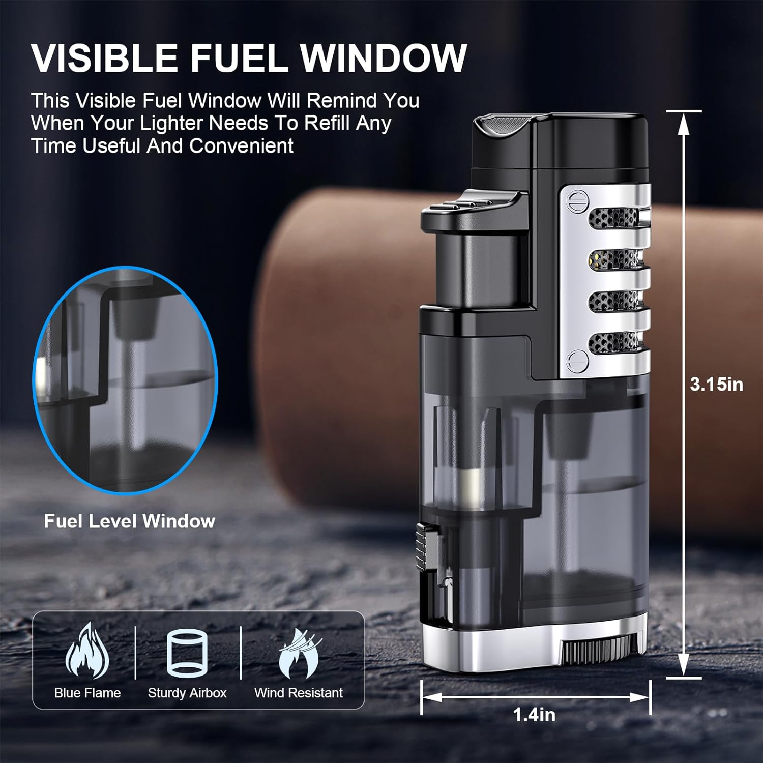 Refillable butane jet-flame lighter (triple-jet flame); windproof, adjustable flame; includes cigar punch.