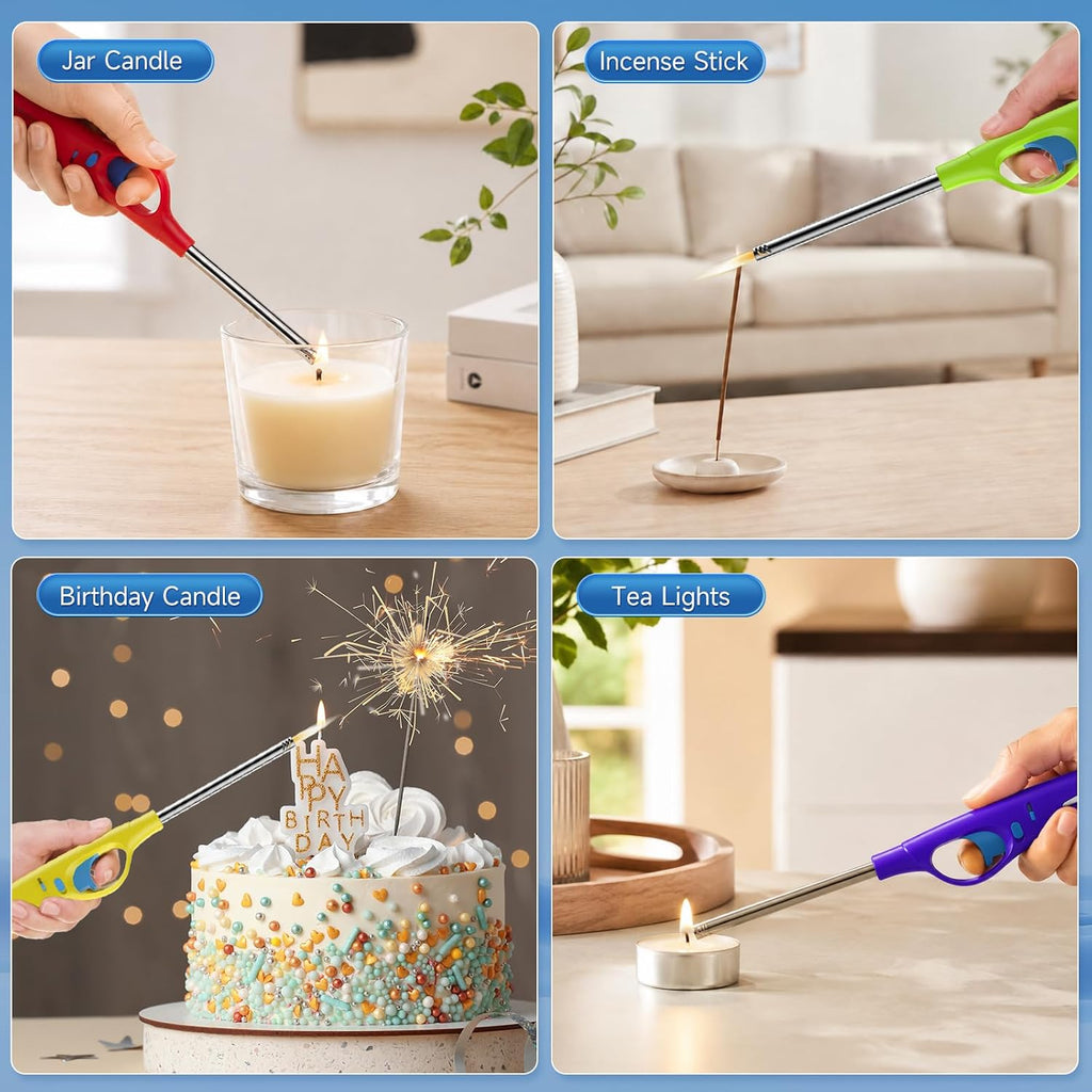 Pack of 4 long-reach lighters (suitable for candles, fireplaces, BBQ, kitchen use, etc.).