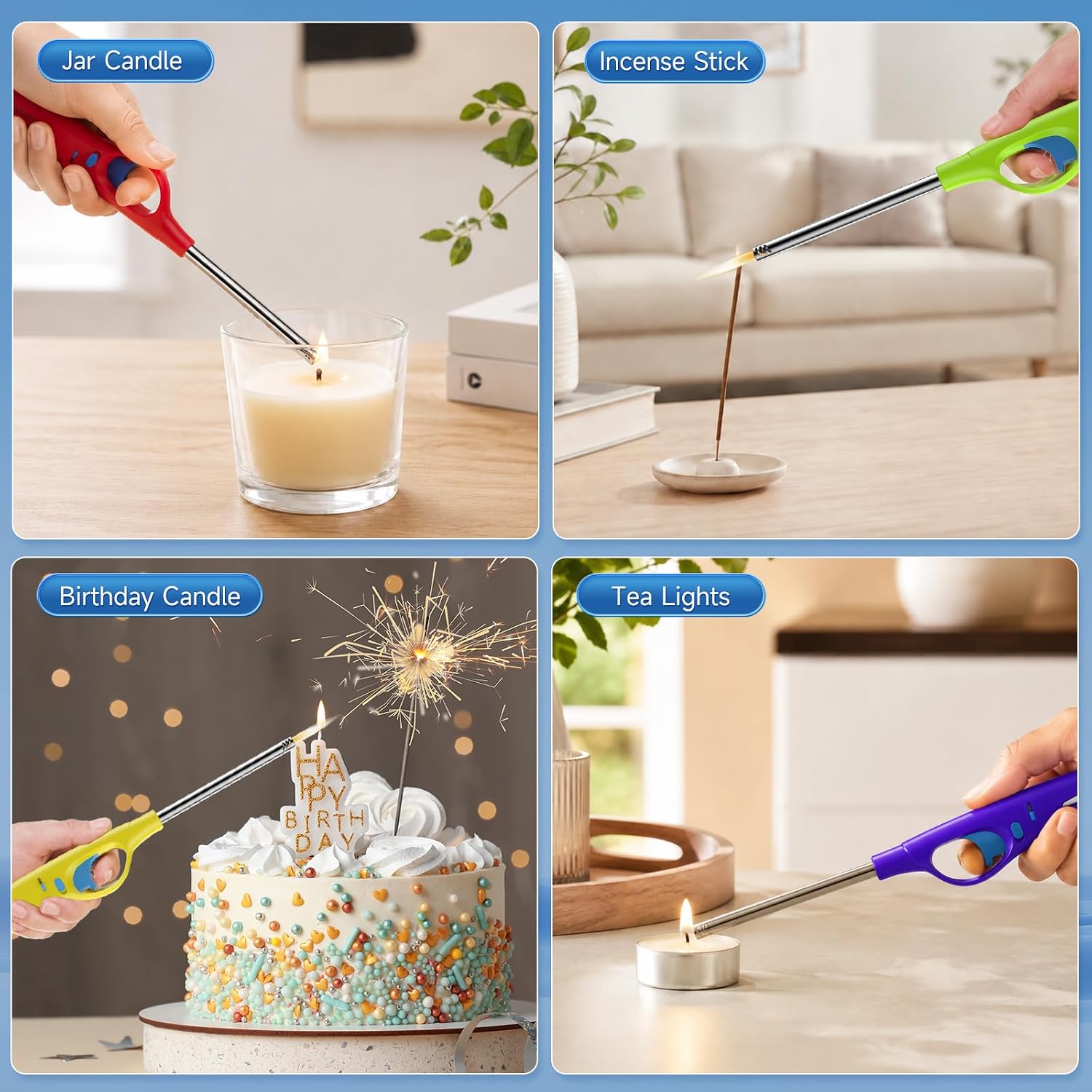 Pack of 4 long-reach lighters (suitable for candles, fireplaces, BBQ, kitchen use, etc.).