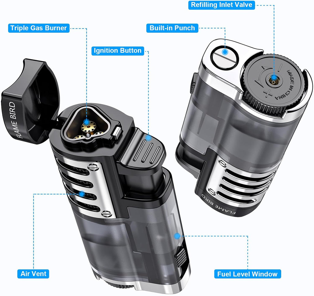 Refillable butane jet-flame lighter (triple-jet flame); windproof, adjustable flame; includes cigar punch.