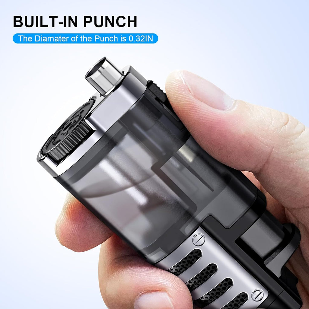Refillable butane jet-flame lighter (triple-jet flame); windproof, adjustable flame; includes cigar punch.