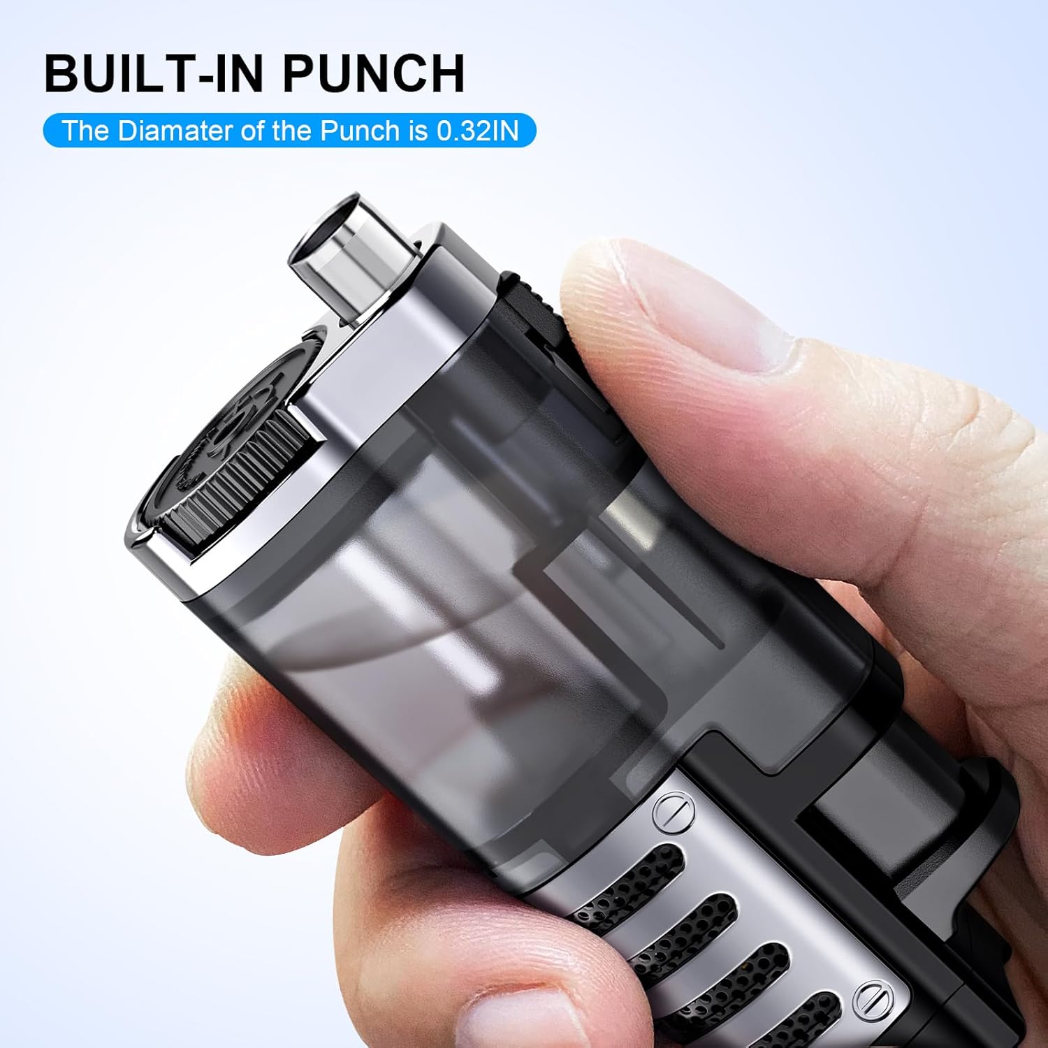 Refillable butane jet-flame lighter (triple-jet flame); windproof, adjustable flame; includes cigar punch.