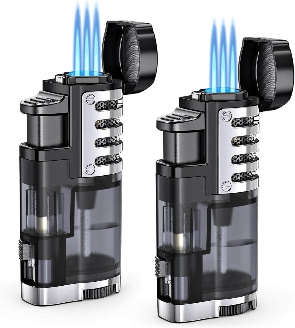 Refillable butane jet-flame lighter (triple-jet flame); windproof, adjustable flame; includes cigar punch.