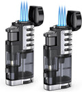 Refillable butane jet-flame lighter (triple-jet flame); windproof, adjustable flame; includes cigar punch.