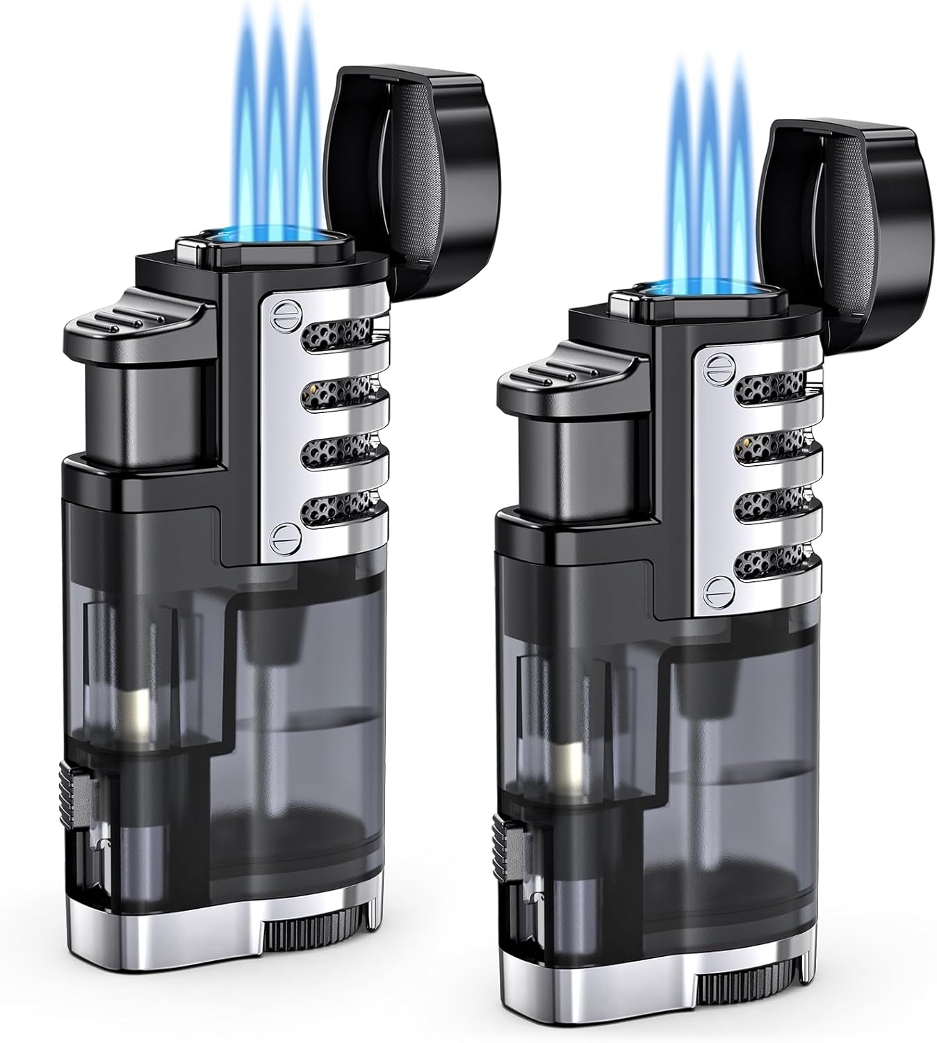 Refillable butane jet-flame lighter (triple-jet flame); windproof, adjustable flame; includes cigar punch.