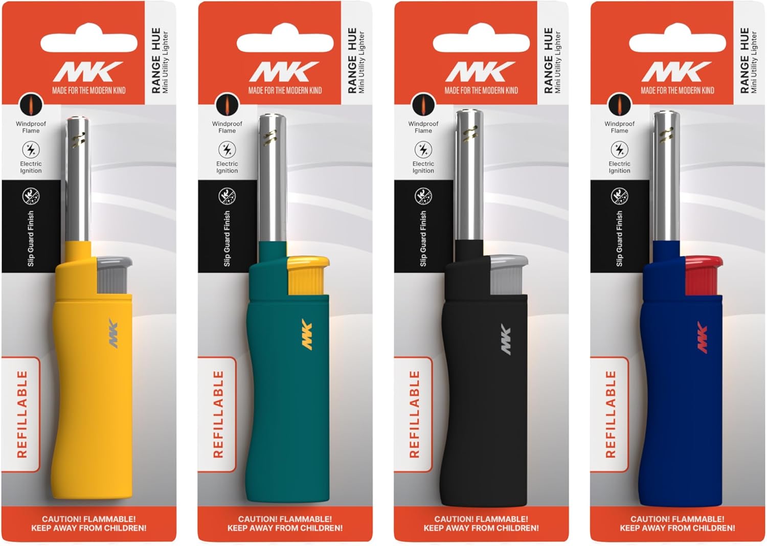 MK Lighter — Refillable butane, windproof flame, 4-pack; suitable for BBQ and camping.