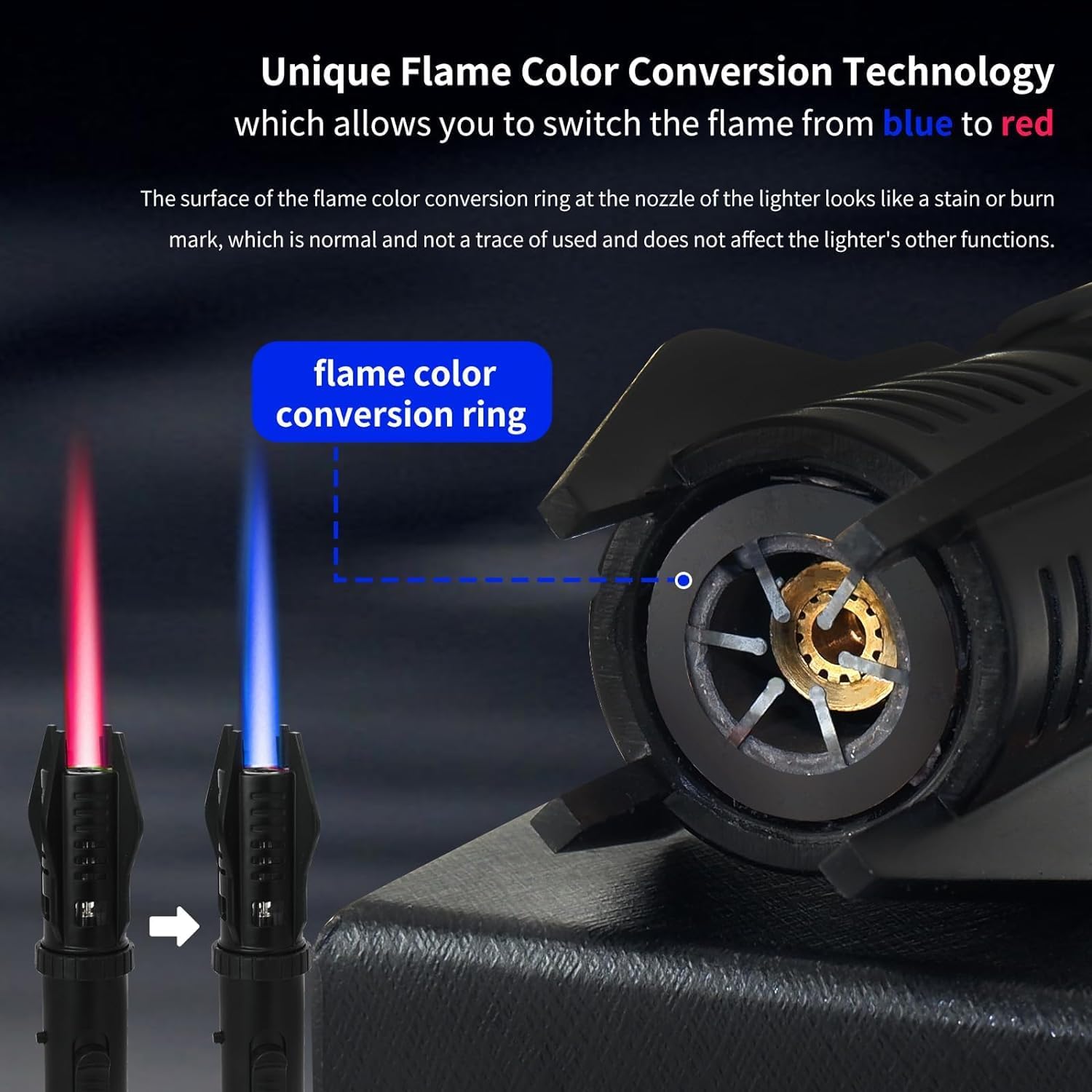 Jet-flame lighter—powerful flame, featuring a safety lock and adjustable red/blue flame.