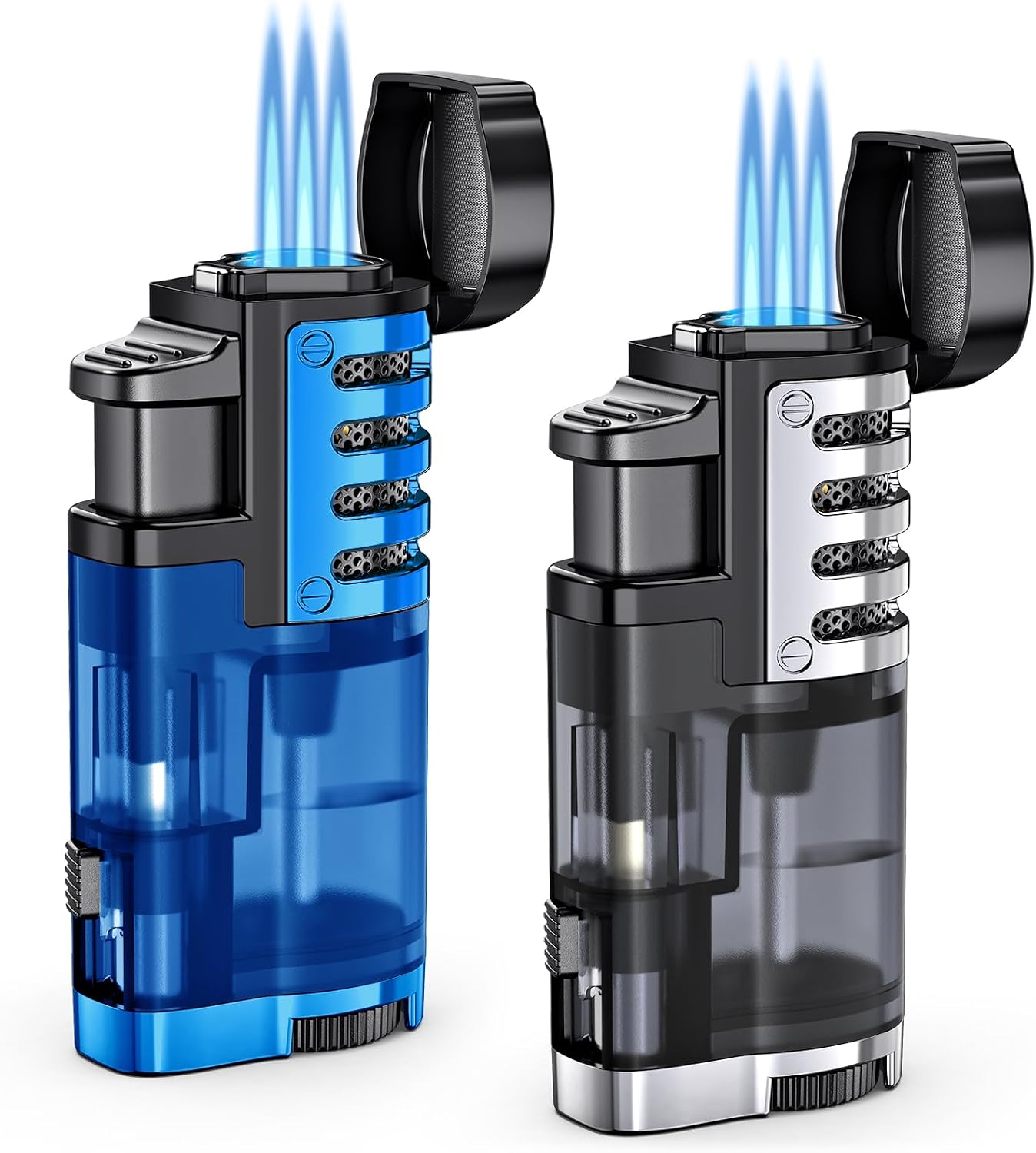 Refillable butane jet-flame lighter (triple-jet flame); windproof, adjustable flame; includes cigar punch.