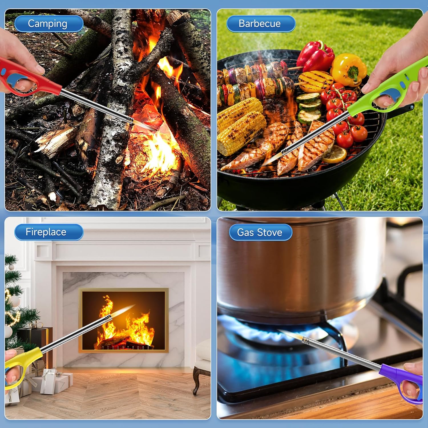 Pack of 4 long-reach lighters (suitable for candles, fireplaces, BBQ, kitchen use, etc.).