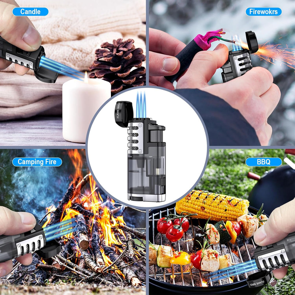 Refillable butane jet-flame lighter (triple-jet flame); windproof, adjustable flame; includes cigar punch.